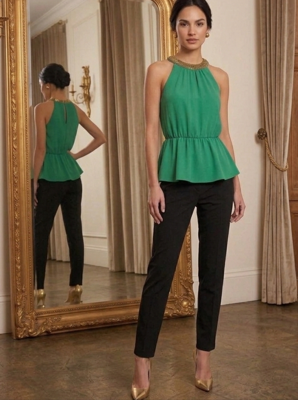 ​XOXO Emerald Green Beaded Halter Peplum Top Gold Jewel Neck Keyhole Back S